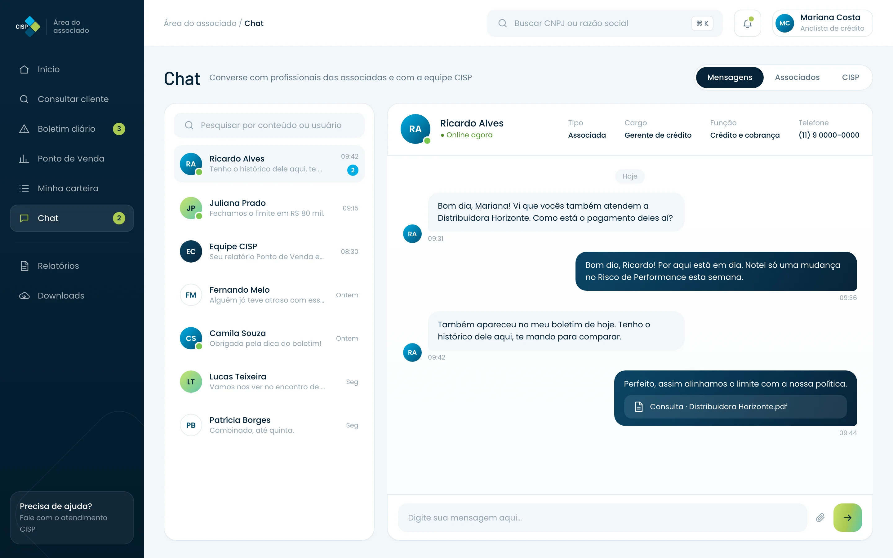 Tela do chat entre profissionais das associadas